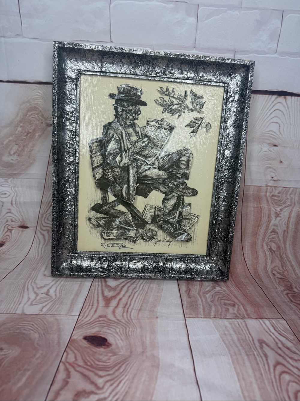 Vintage 1974 M. Cedio Dimensional Wall Art Hobo Reading Newspaper